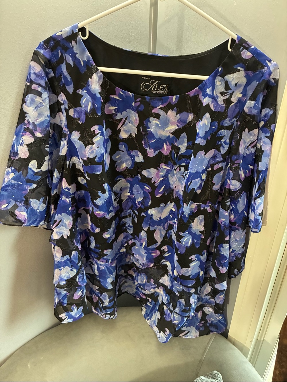 Alex Evenings Black Floral Tunic with Blue & Lavender Blooms